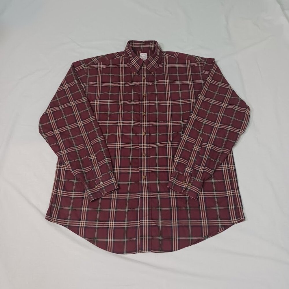Brooks Brothers Shirt Mens Burgandy Size Large Plaid Long Sleeve Non-Iron